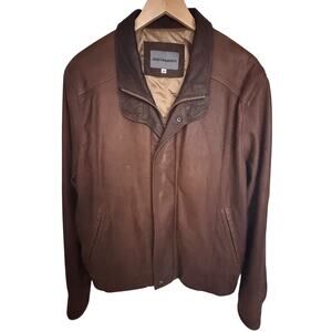 Johnston & Murphy Leather Jacket Mens 40 Brown Full Zip Snap Front Casual Coat